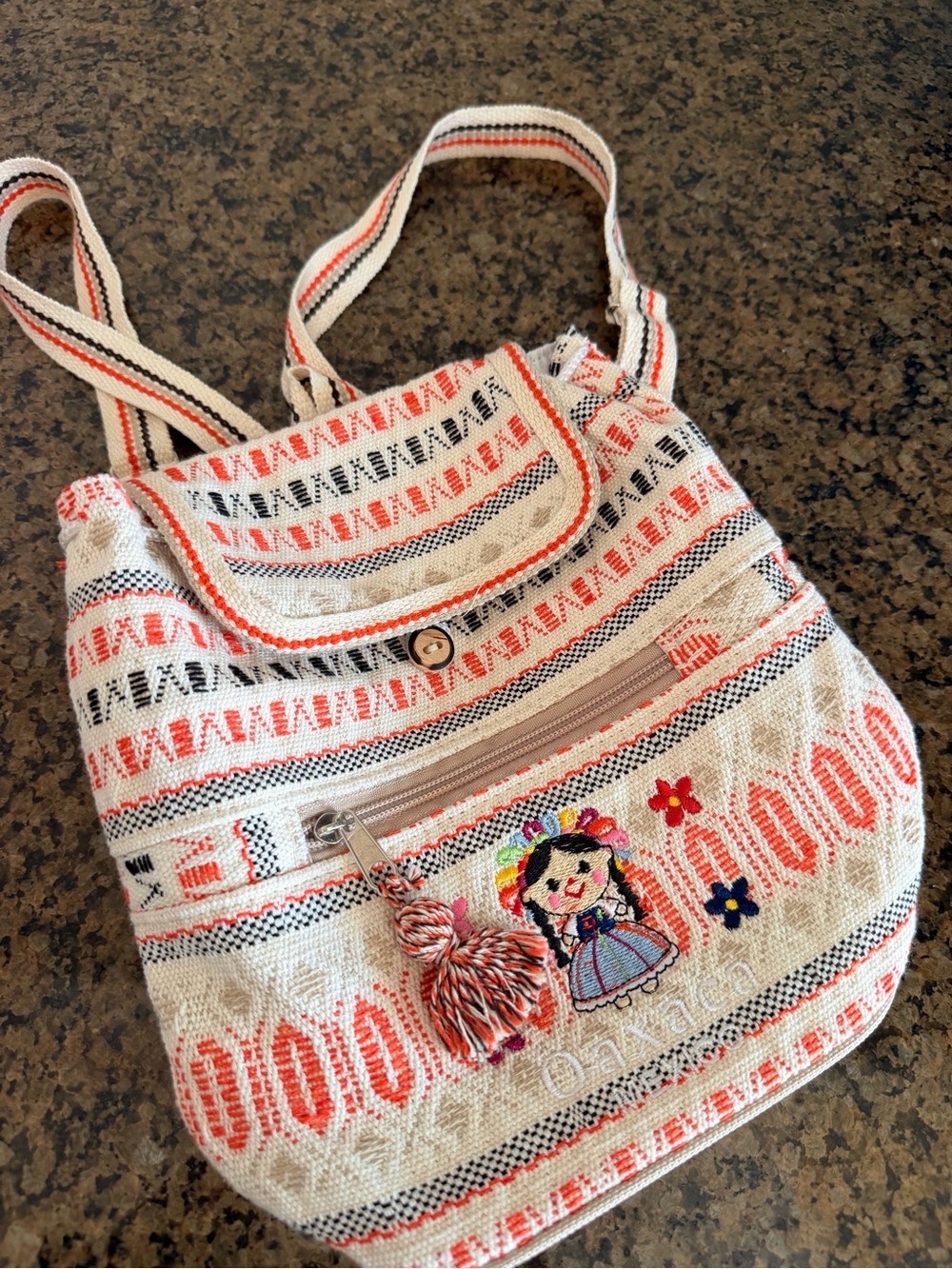 Handwoven Cream and Coral Embroidered kids Backpack from Oaxaca Mexico
